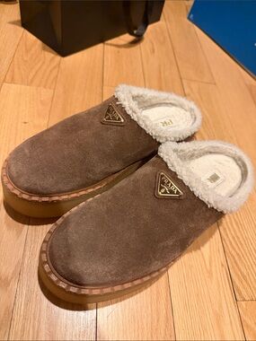 Prada Brown Suede Shearling-Lined Slip-On Clogs